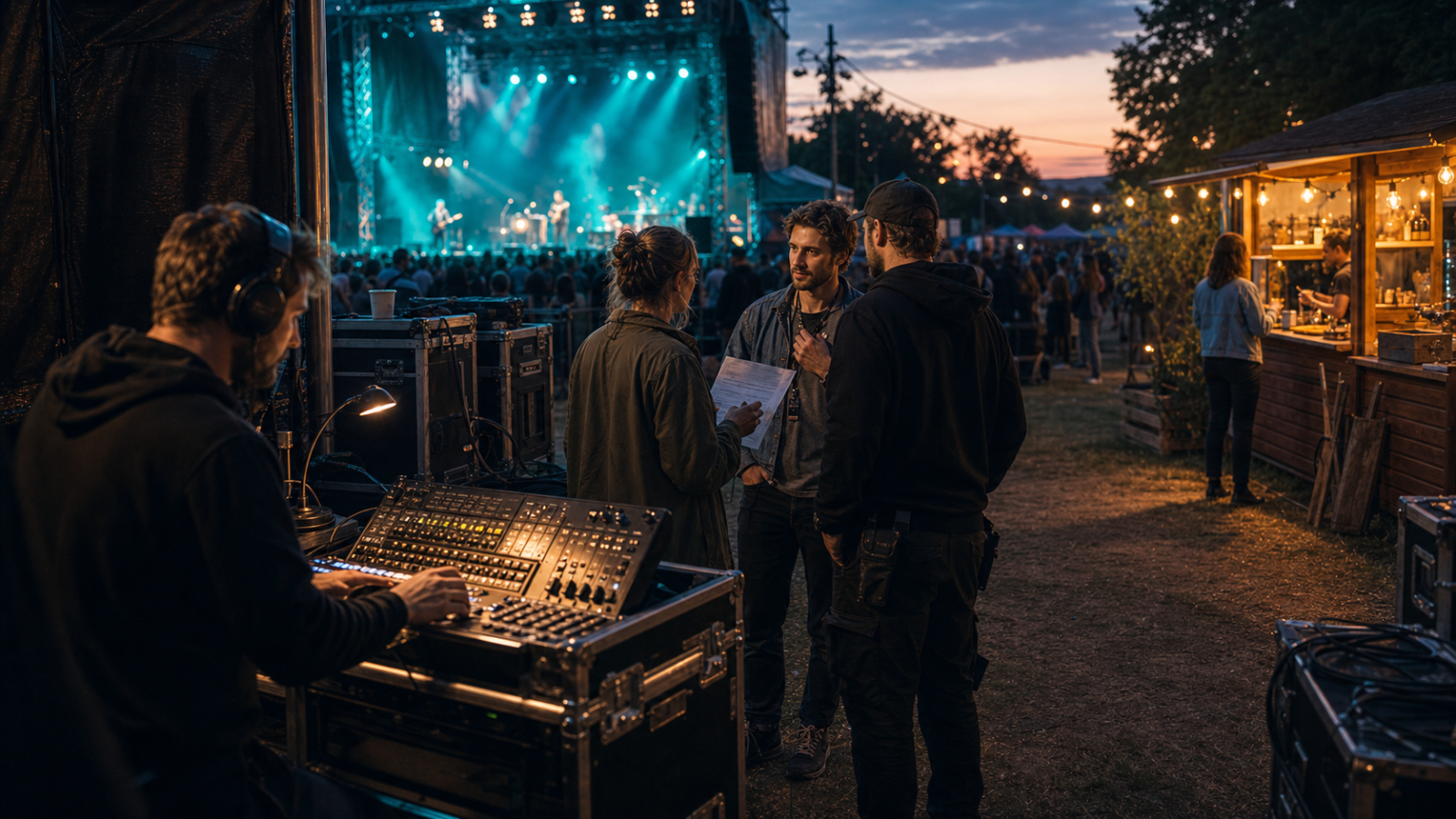 Pohled do zákulisí festivalu, kde osvětlovač, pořadatelé, účinkující a další spolupracovníci společně připravují kulturní akci.
